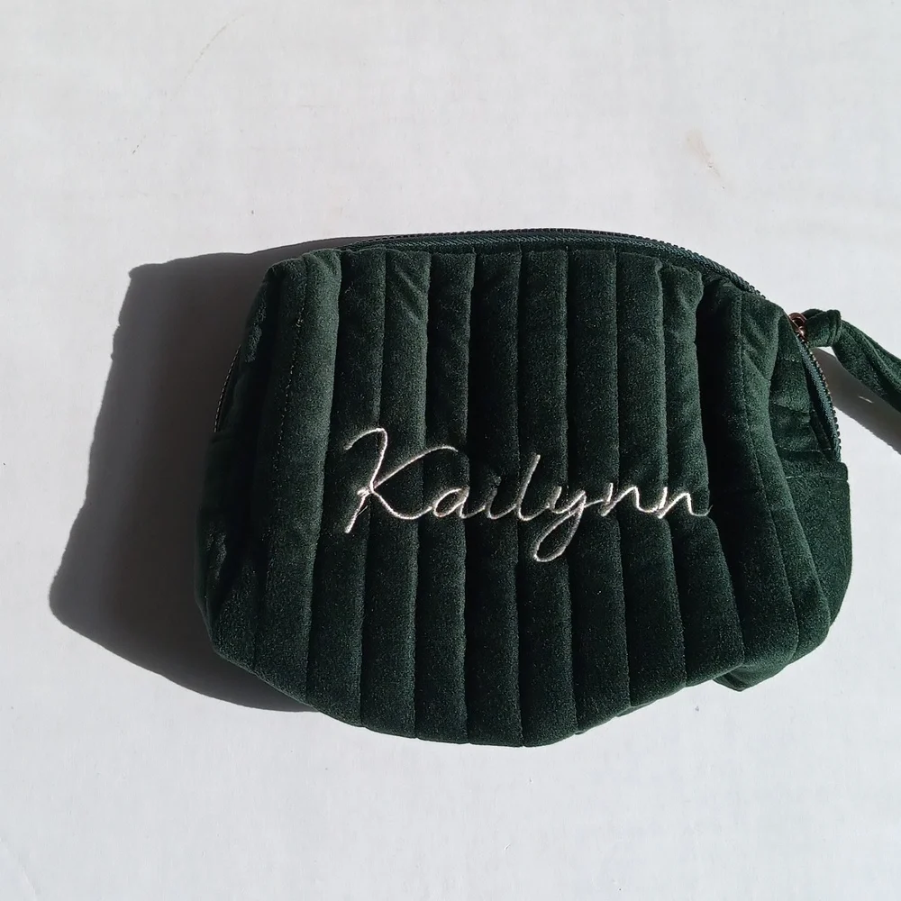 KAILYNN EMBROIDERED VELVET DARK GREEN COSMETIC BAG